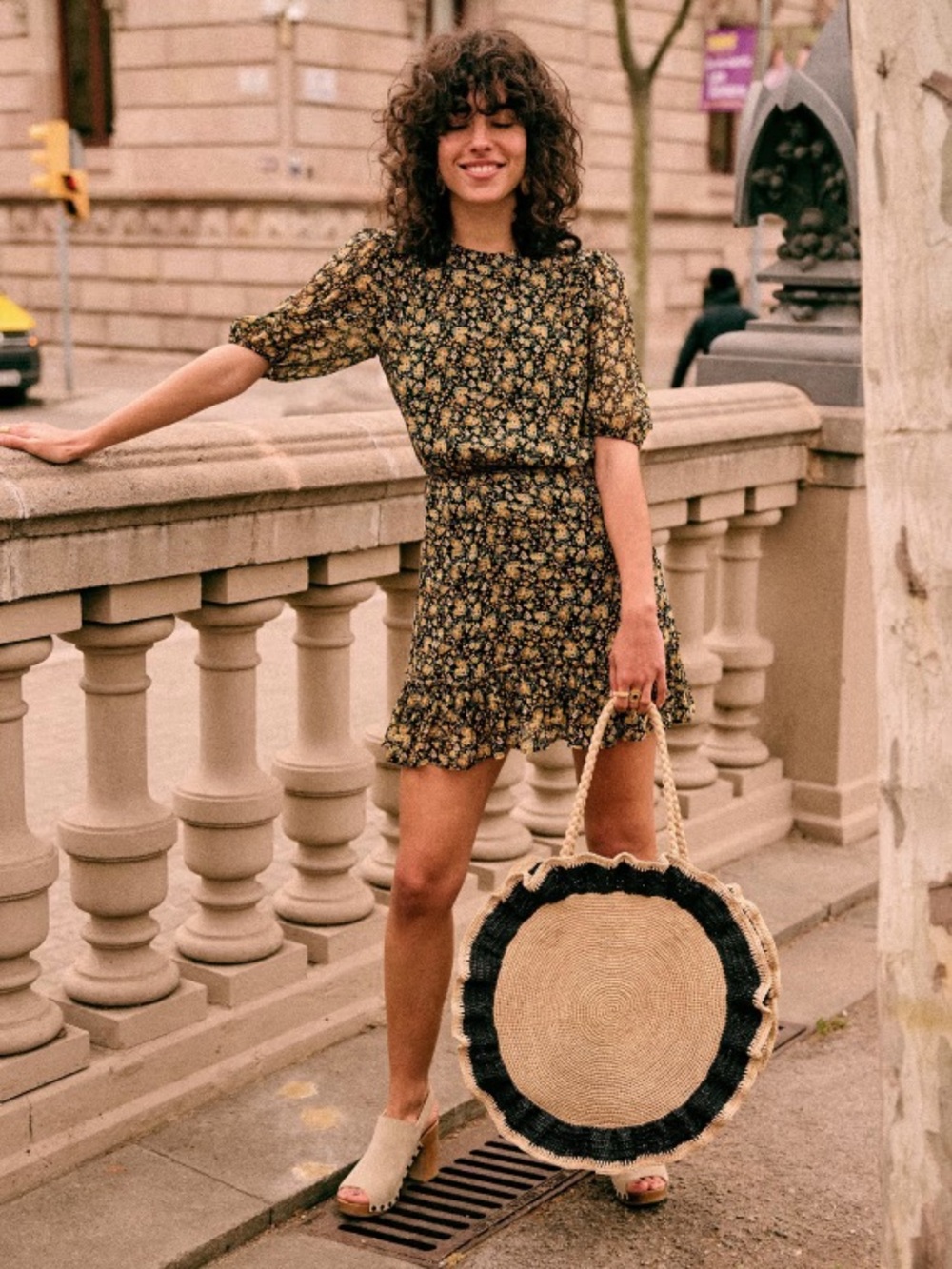Sezane Margot dress in yellow flowers black background
